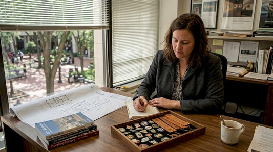 Curator reviews personalized museum accessories in office