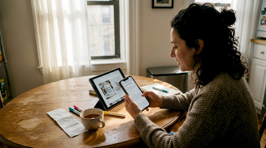 Woman reading reviews for custom merchandise