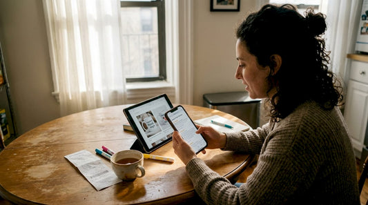 Woman reading reviews for custom merchandise