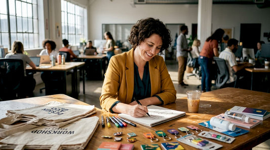Creative director sketches among branded merchandise