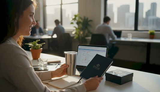 Manager reviewing custom corporate gifts at desk