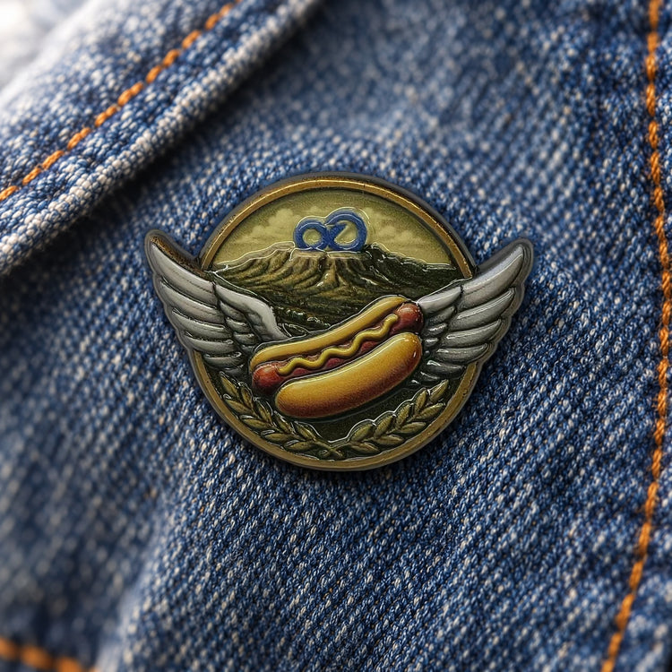Detailed metal pin featuring a winged hot dog and mountain design on denim