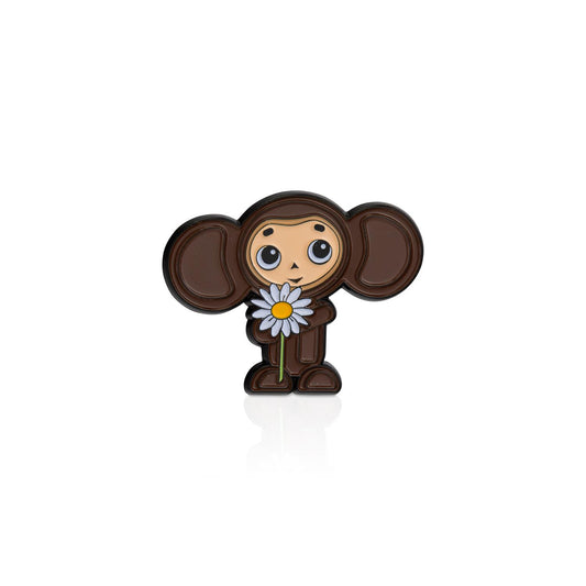 Cartoon cheburashka character holding a flower on a white background