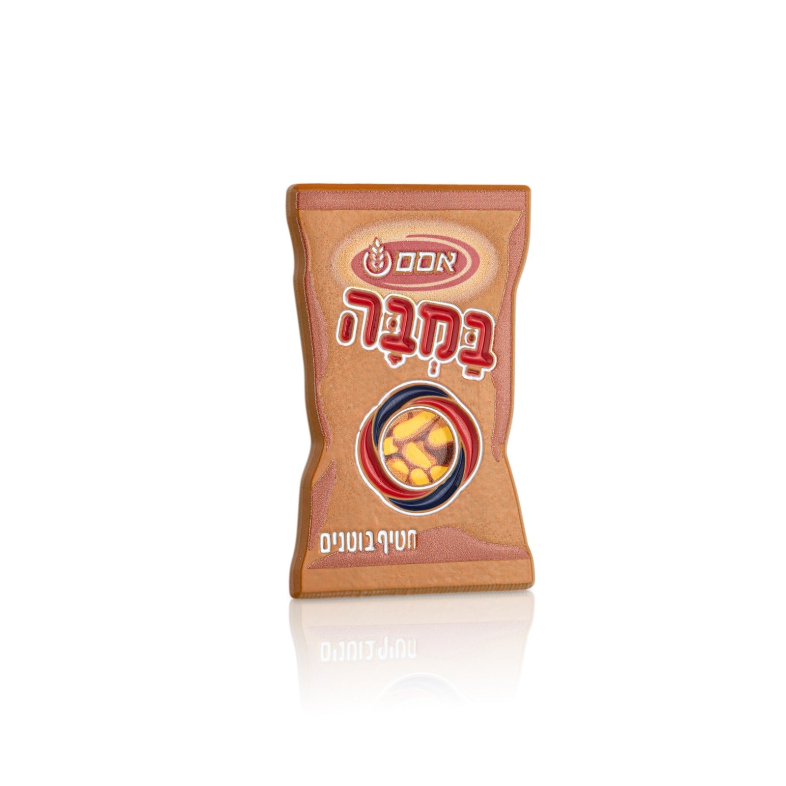 Packaged bamba enamel pin on a white background