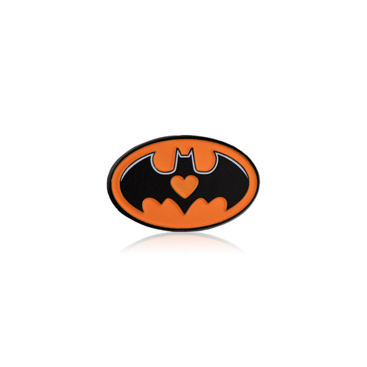 Bat-shaped logo with a heart in the center on a white background