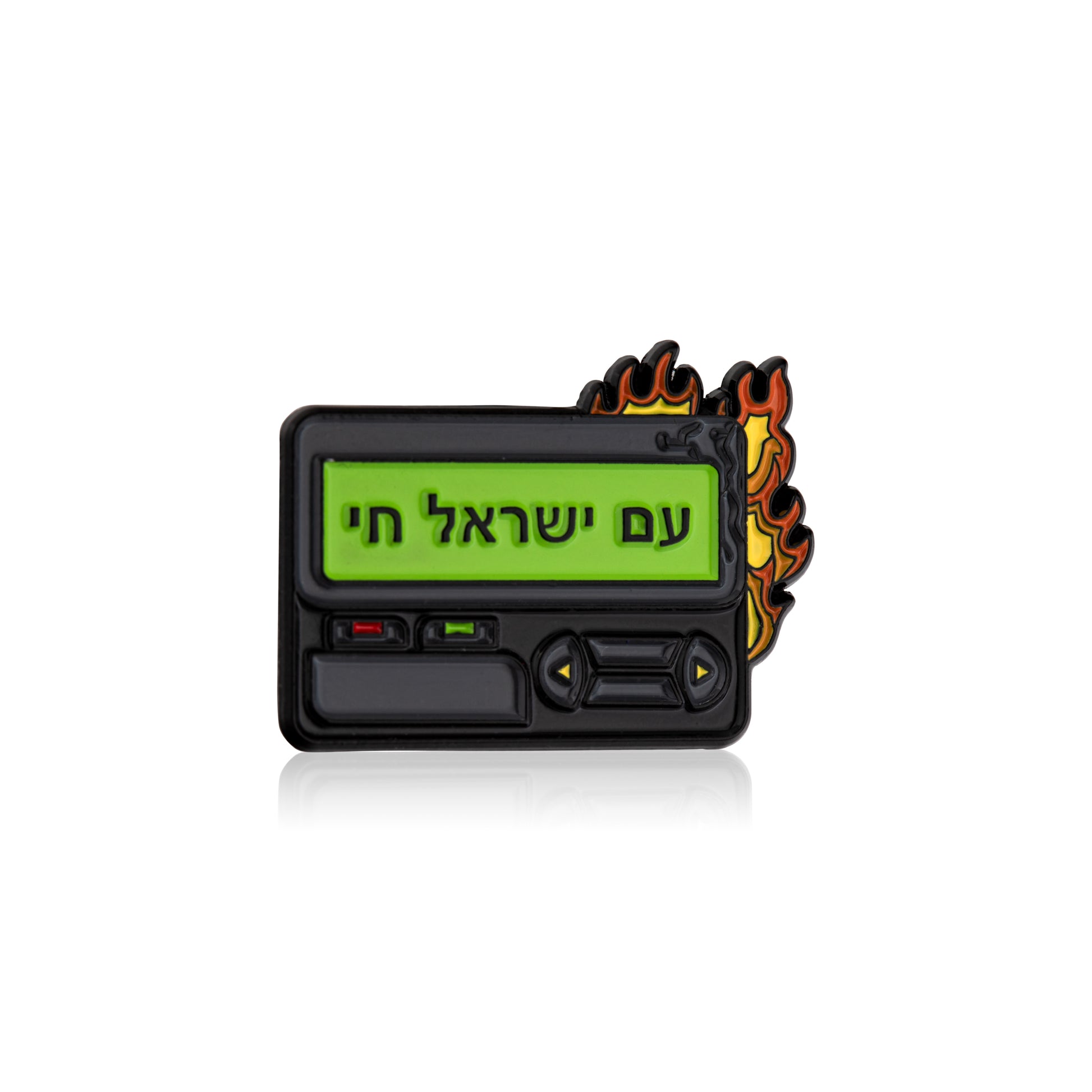 Small electronic device with a green screen displaying text, on a white background