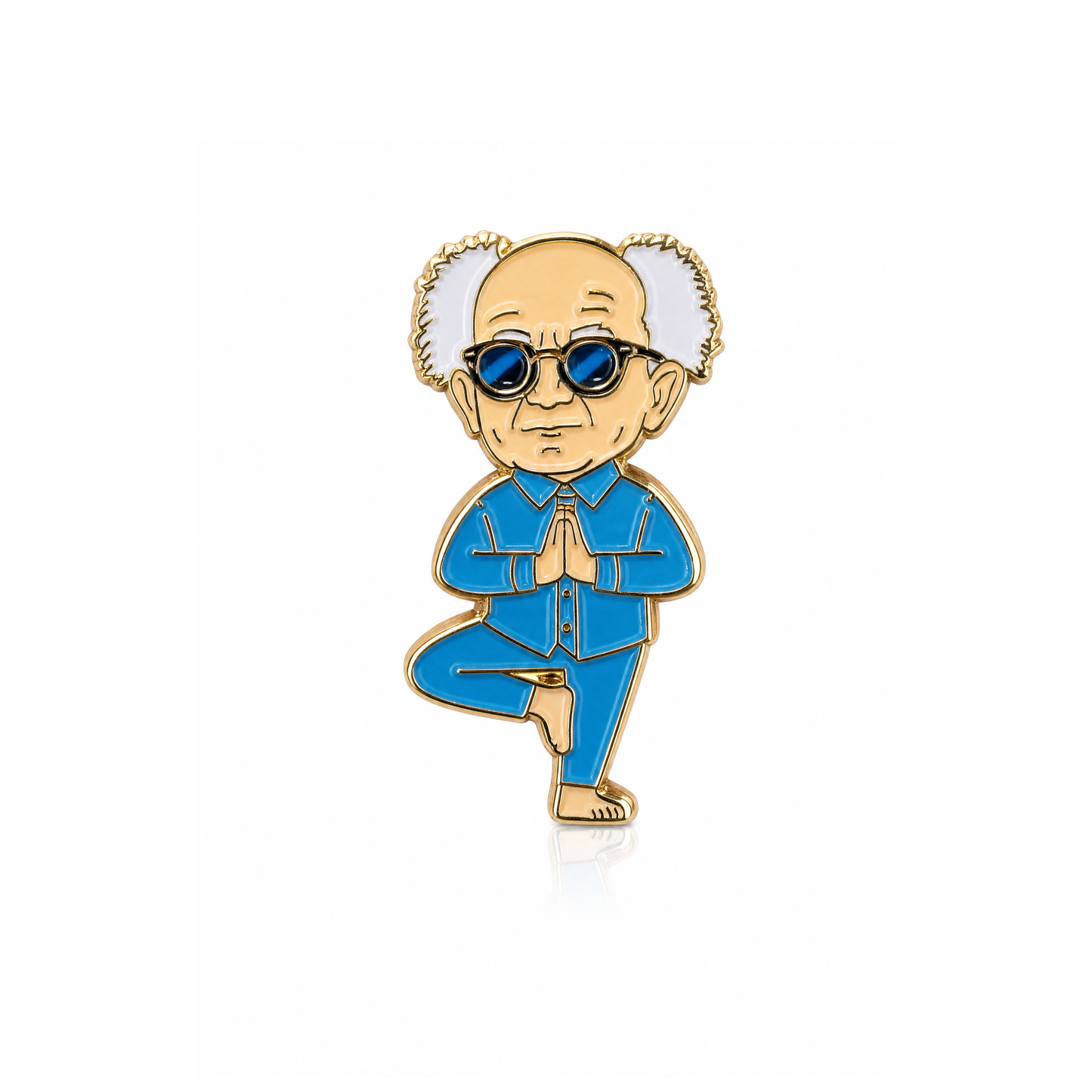 Pin with a cartoon-like depiction of a person in a blue outfit and sunglasses on a white background