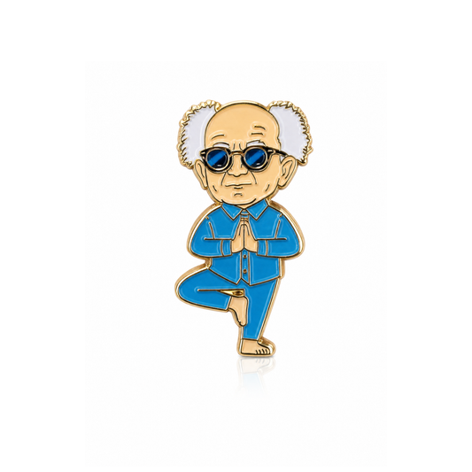Pin with a cartoon-like depiction of a person in a blue outfit and sunglasses on a white background