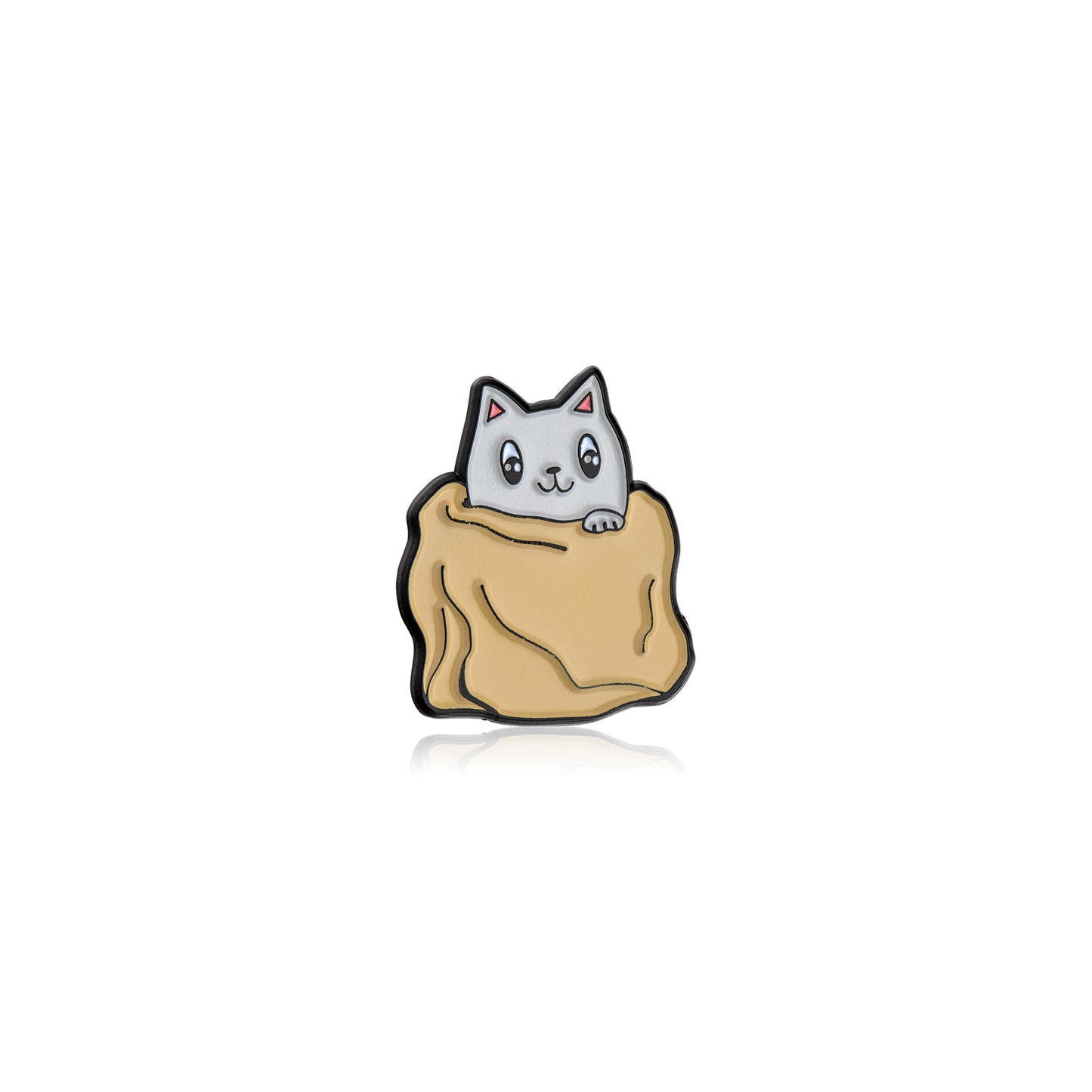 Cat-shaped pin with a beige bag on a white background