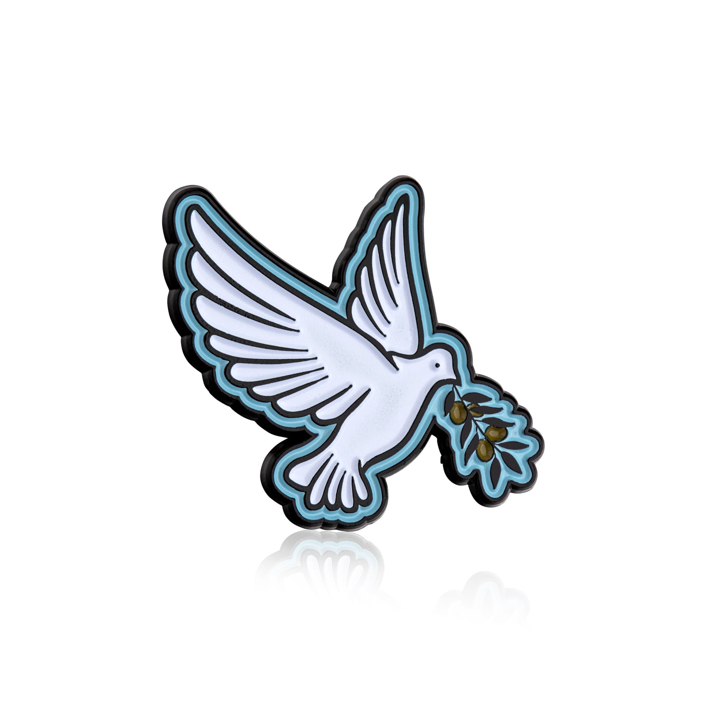 White dove with outstretched wings holding an olive branch on a white background