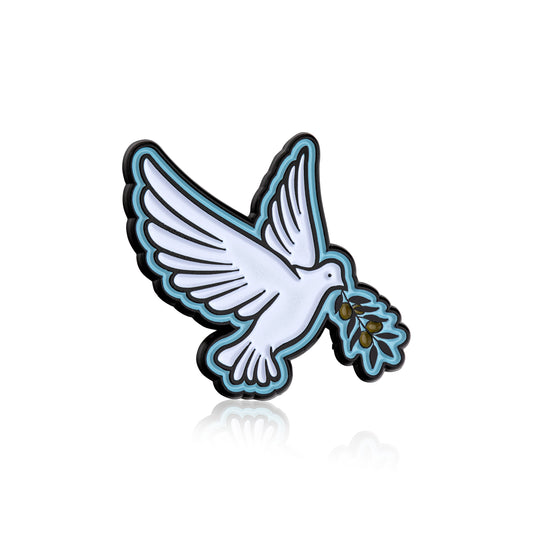 White dove with outstretched wings holding an olive branch on a white background