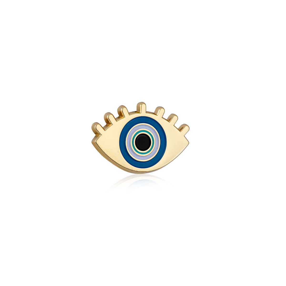 Gold eye-shaped charm with blue center on a white background