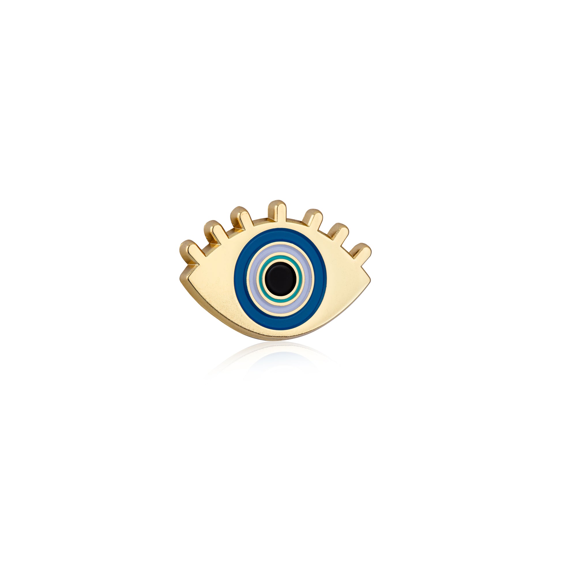 Gold eye-shaped charm with blue center on a white background