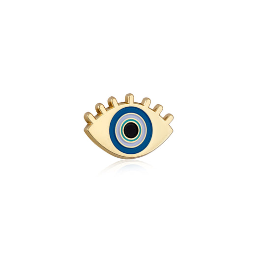 Gold eye-shaped charm with blue center on a white background