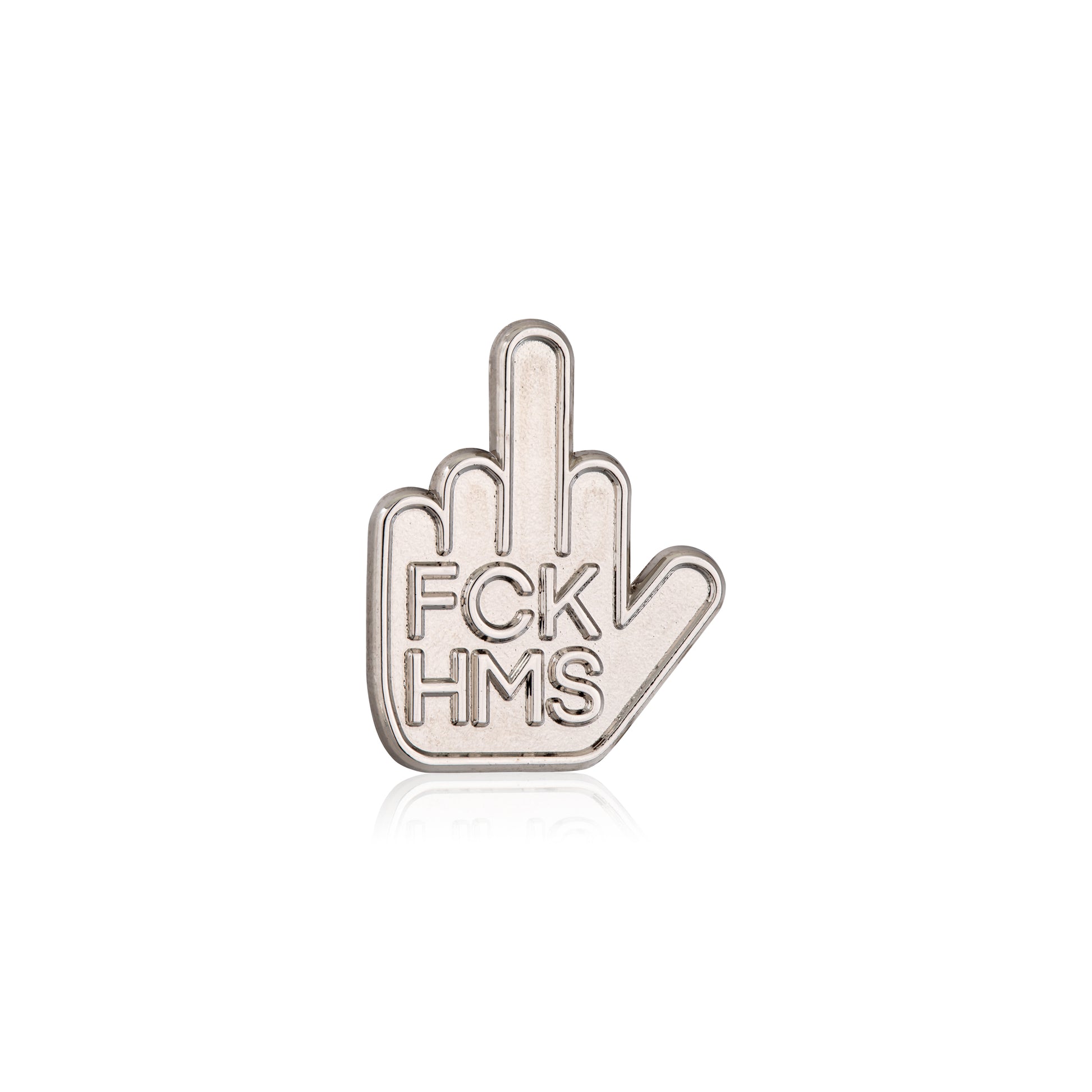 Metallic hand-shaped object with 'FCK HMS' text on a white background