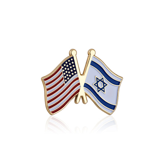 Pin with crossed American and Israeli flags on a white background