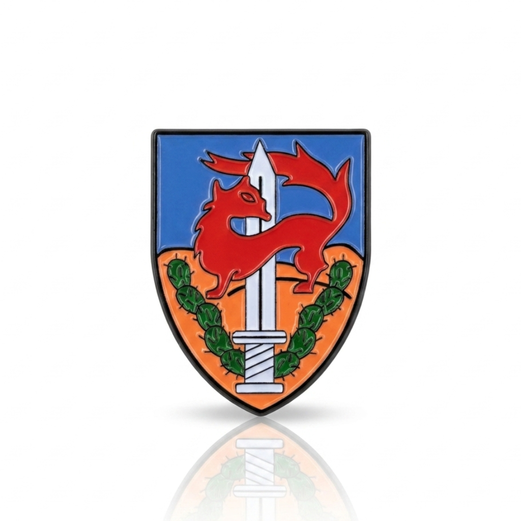 Coat of arms with a red dragon, sword, and blue and orange background on a white background