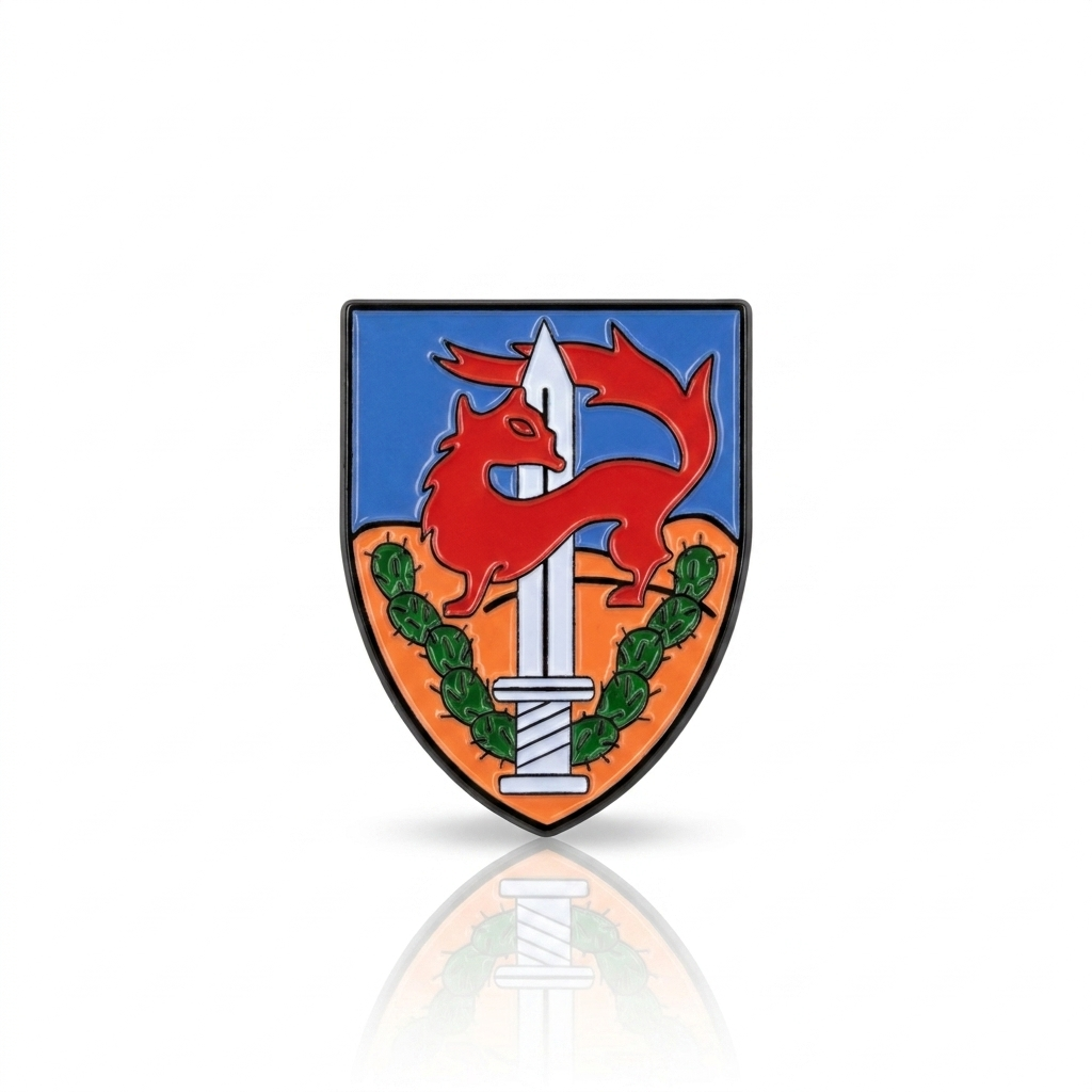 Coat of arms with a red dragon, sword, and blue and orange background on a white background