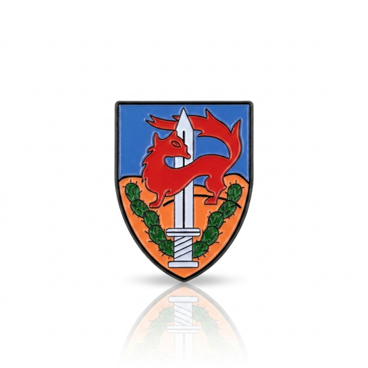 Coat of arms with a red dragon, sword, and blue and orange background on a white background