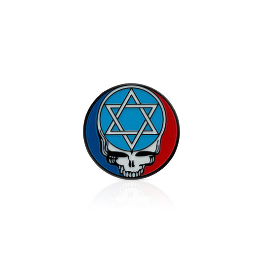 Circular badge with a skull and Star of David design on a white background