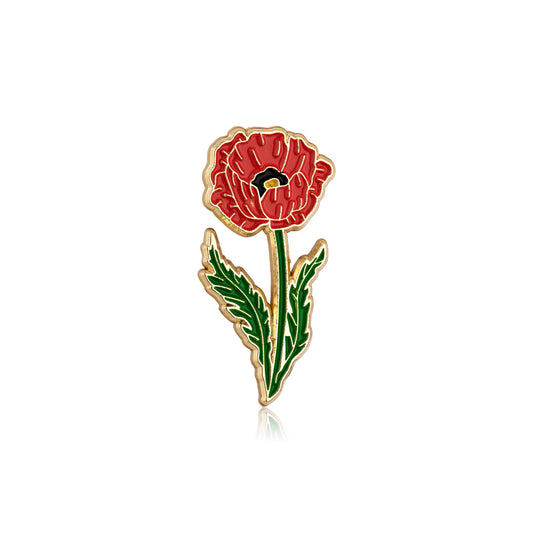 Red flower-shaped pin with green stem and leaves on a white background