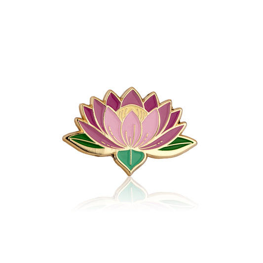 Lotus flower-shaped pin with pink center, green leaves, and gold border on a white background