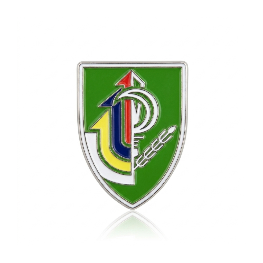 Decorative emblem with a green shield shape on a white background