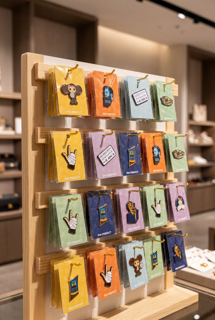 Display of colorful tea bags on a wooden rack in a store setting.
