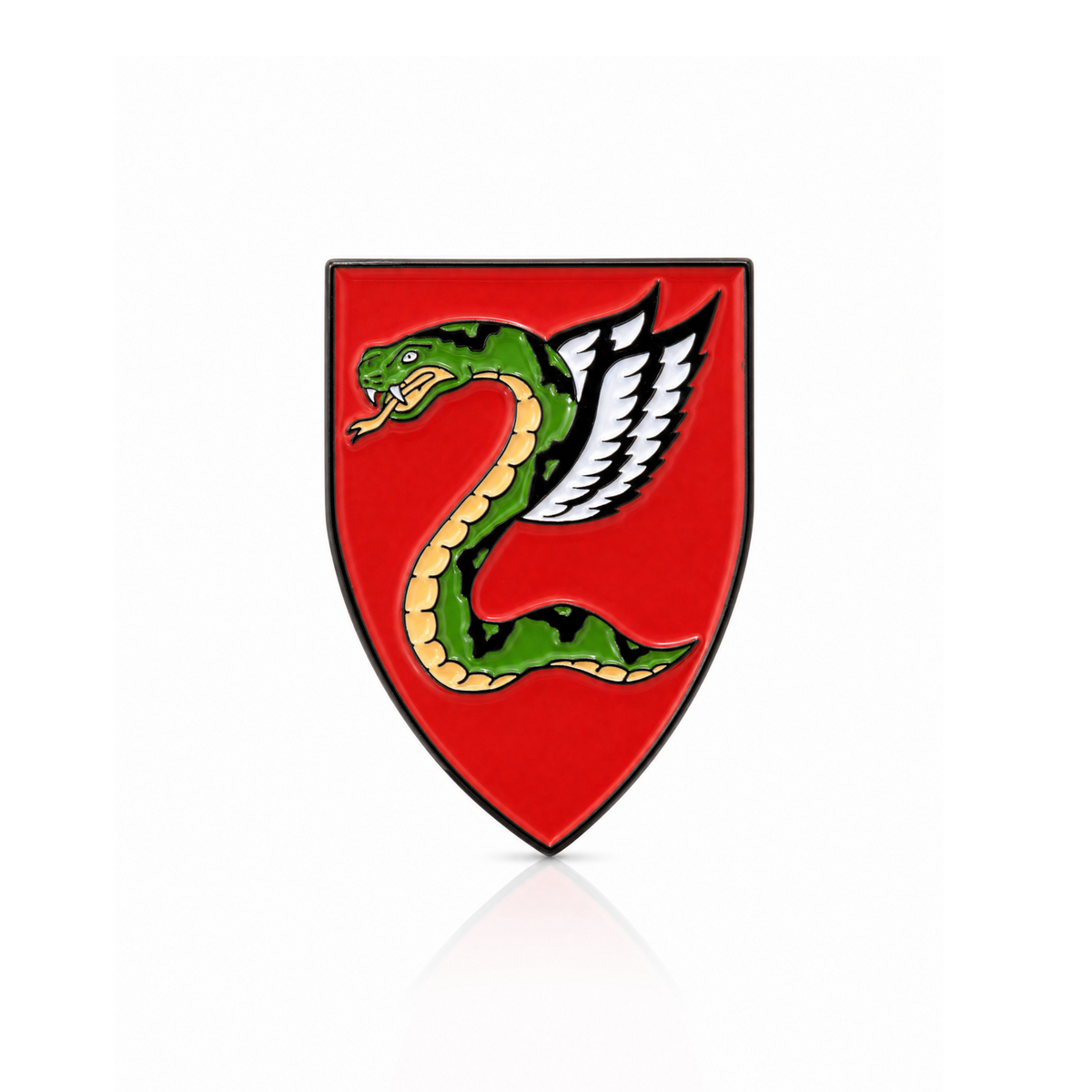 Red shield with a green snake and white wings on a white background