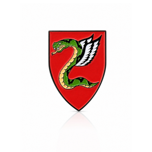 Red shield with a green snake and white wings on a white background