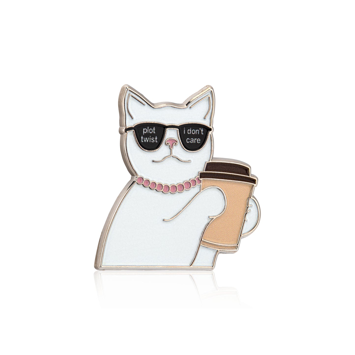 Cat-shaped enamel pin with sunglasses and coffee cup on a white background