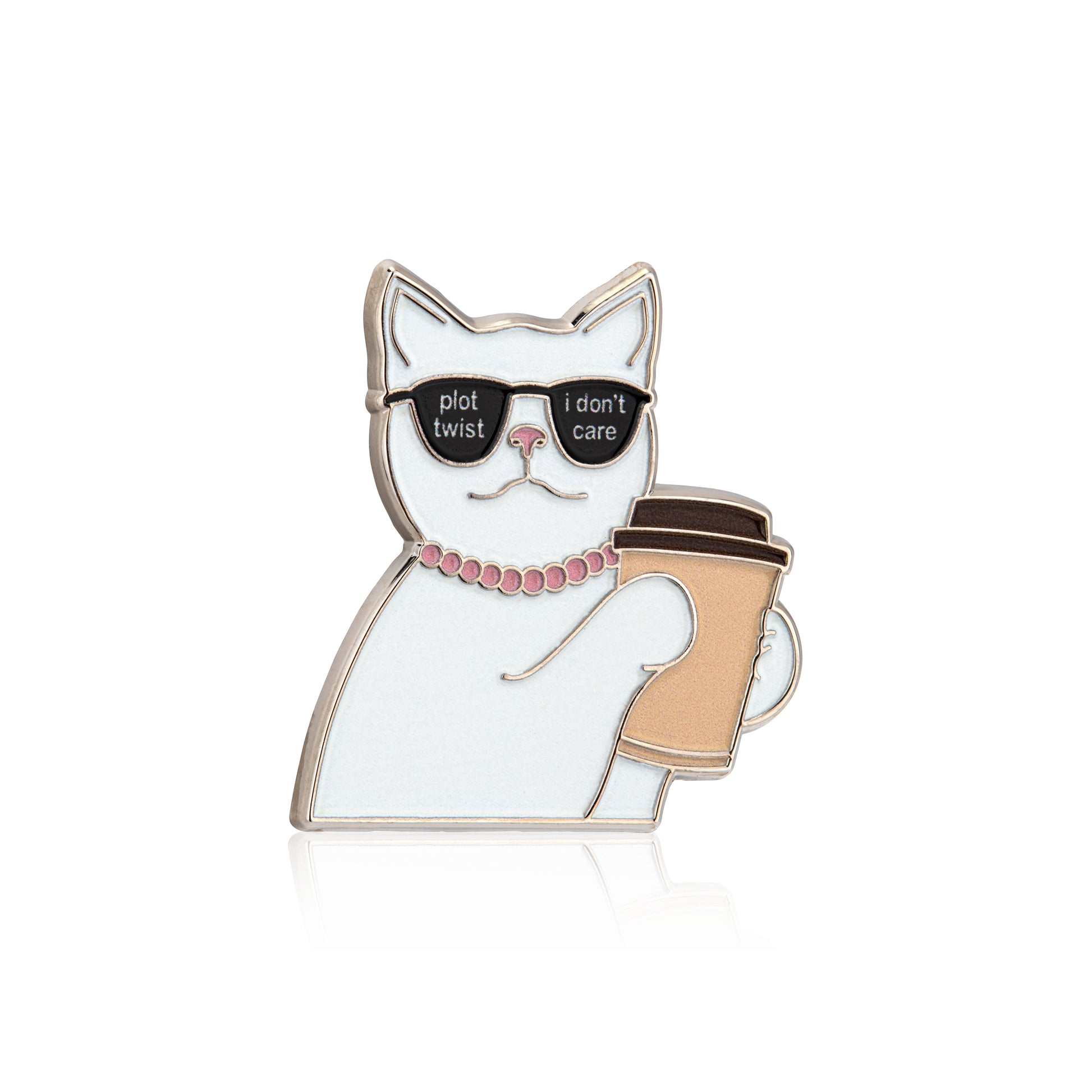 Cat-shaped enamel pin with sunglasses and coffee cup on a white background
