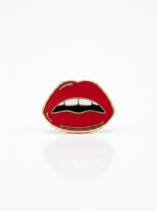 Red Pop Art lips hard enamel pin with polished gold metal inspired by Tom Wesselmann