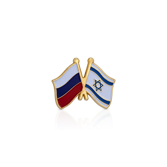 Pin with crossed flags of Russia and Israel on a white background