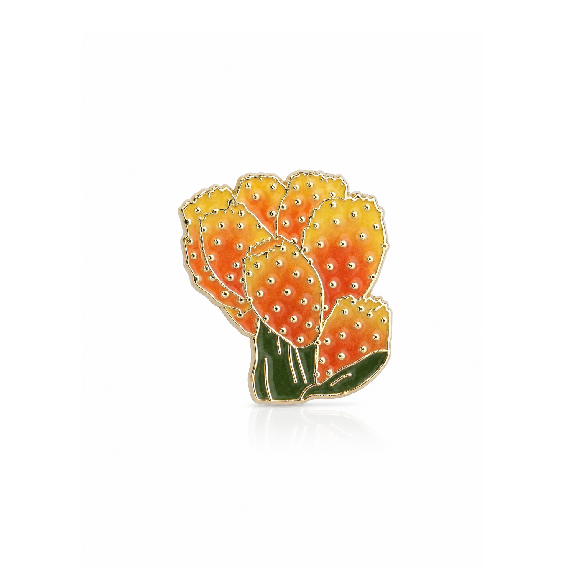 Enamel pin of a cactus with orange and yellow spines on a white background