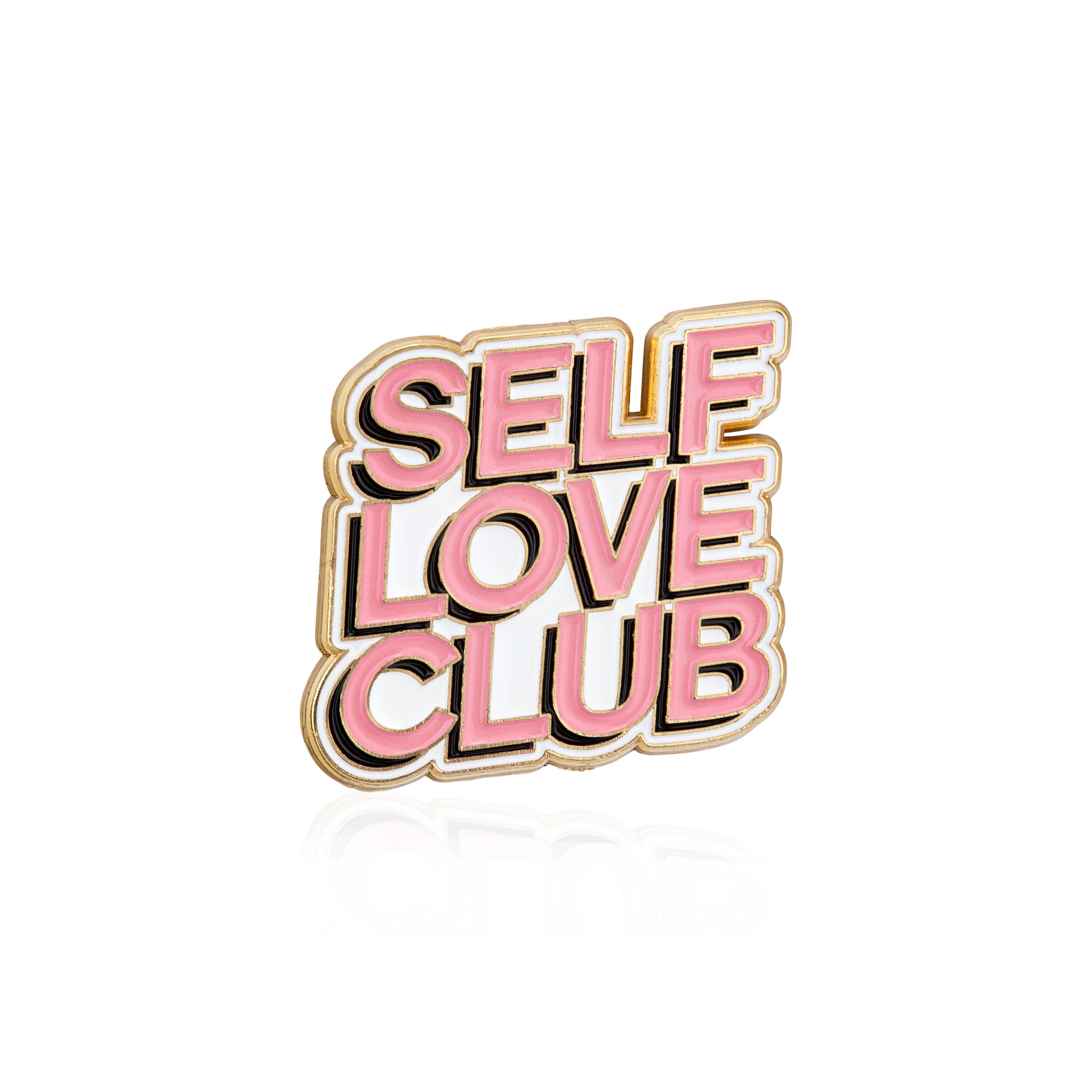 Enamel pin with 'SELF LOVE CLUB' text on a white background