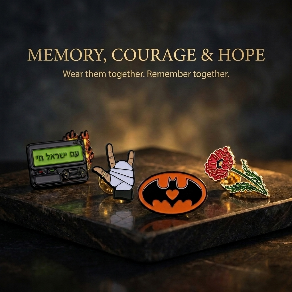 set of four pins with memory, courage, and hope written above