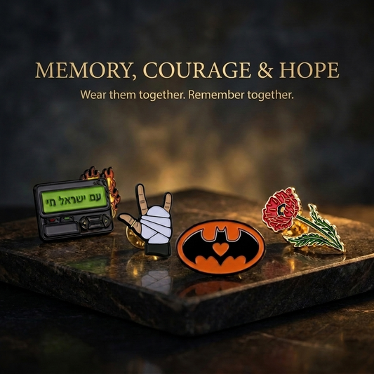 set of four pins with memory, courage, and hope written above