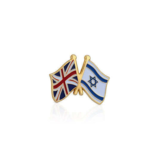 Pin with crossed flags of the United Kingdom and Israel on a white background
